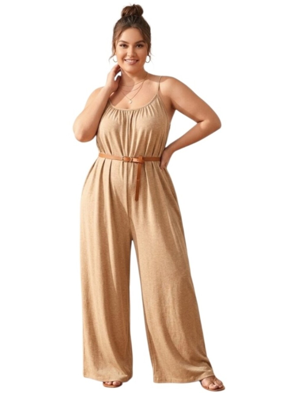 Beige Wide-Leg Spaghetti Strap Jumpsuit